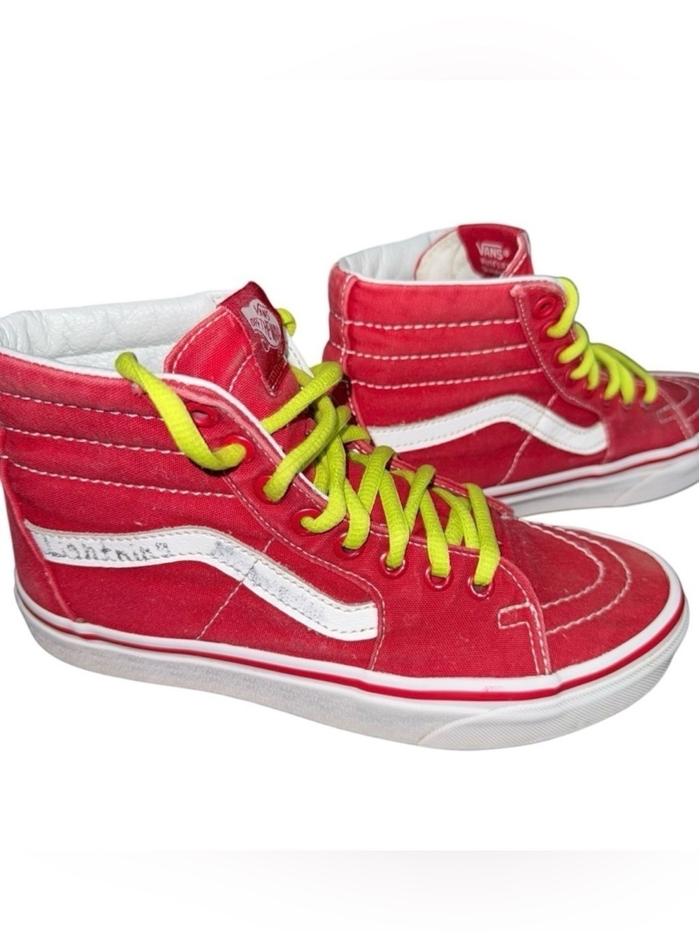 📌 Vans Sk8-Hi Red High Top Sneakers Men’s 5 / Women’s 6.5 Neon Laces Classic